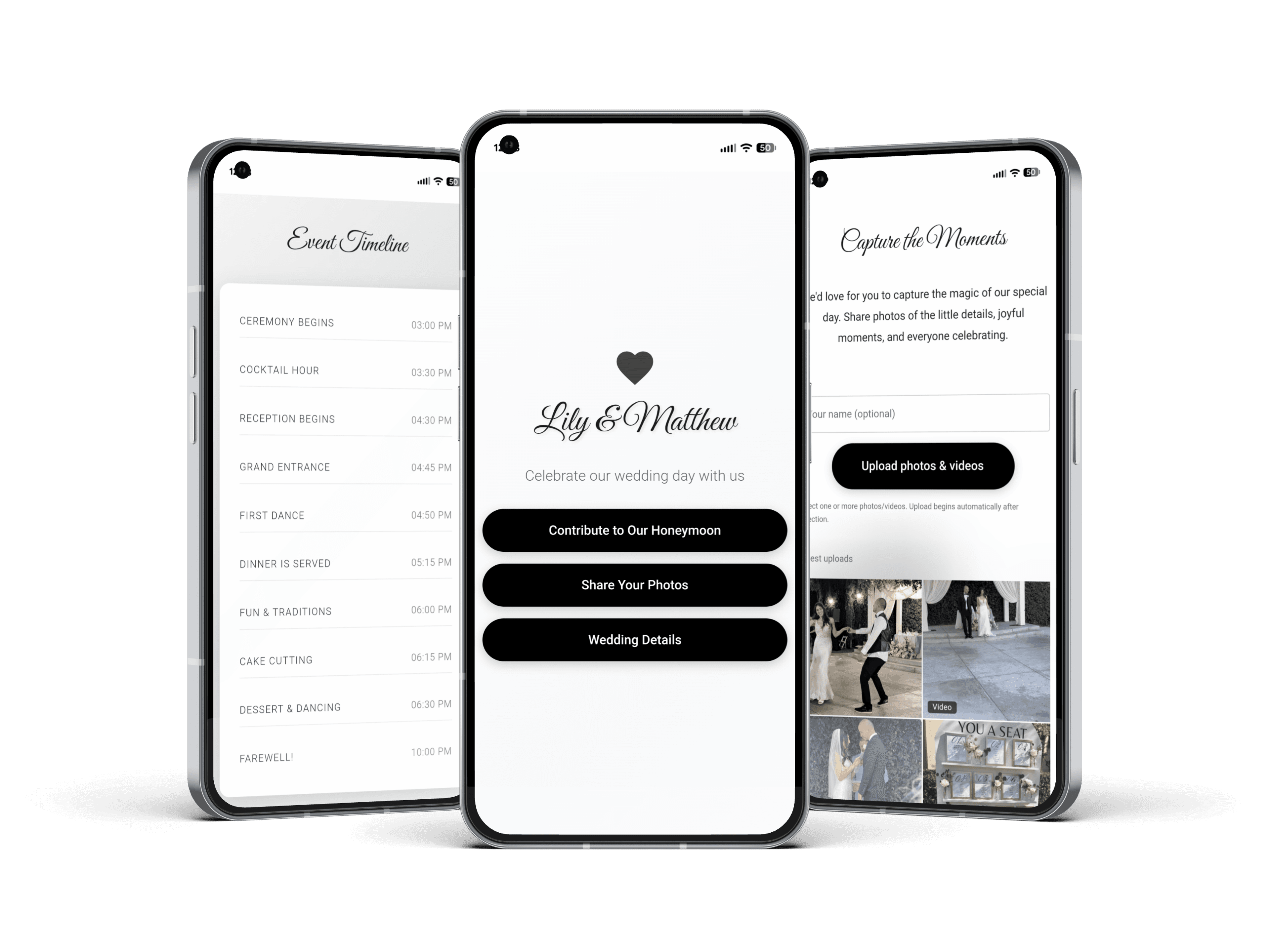Wedding app showing event timeline, welcome screen, and photo sharing